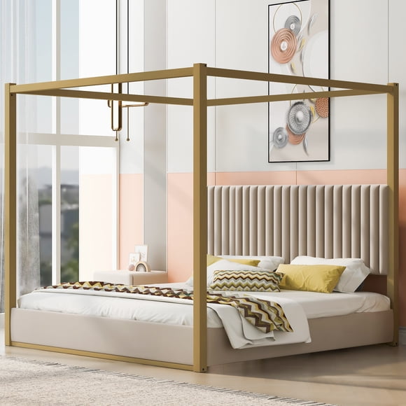 NEW King Size Upholstery Canopy Platform Bed with Headboard and Metal Frame, Beige