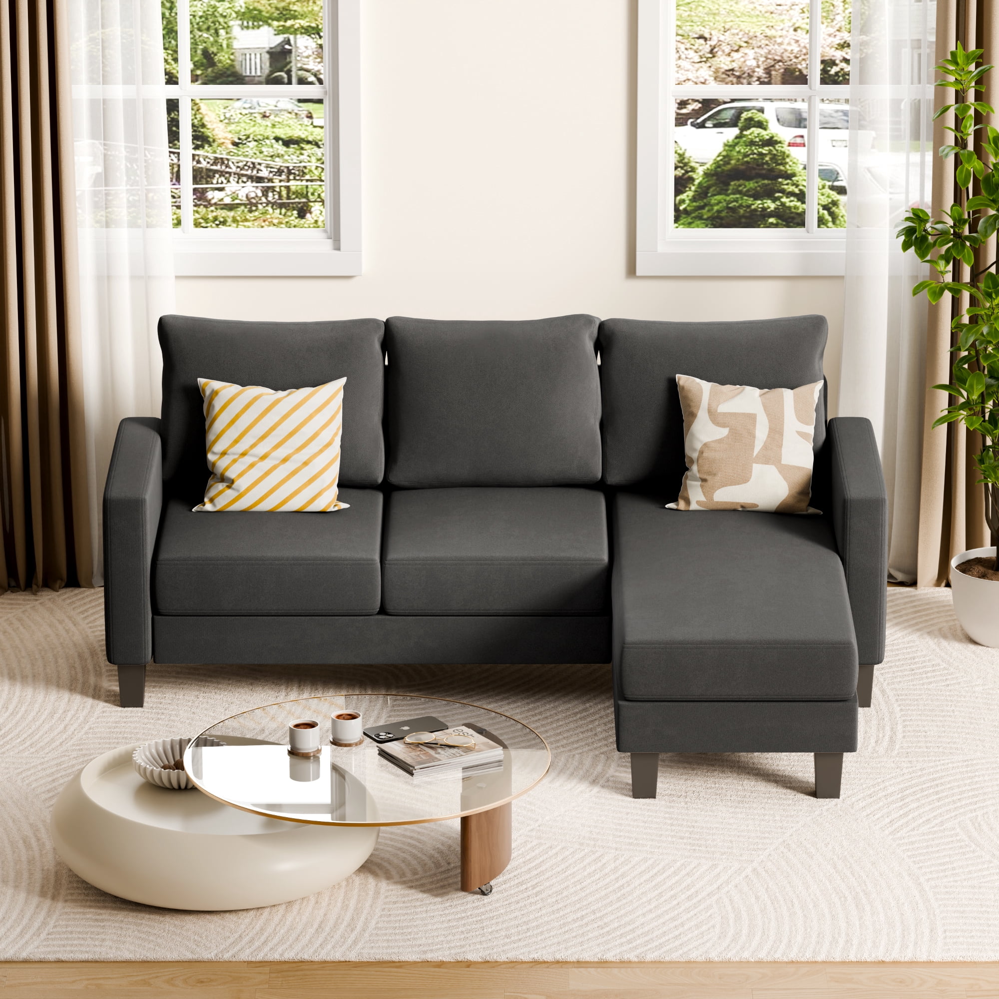 Vineego 72" L-Shaped Sectional Sofa with Ottoman Ergonomic Support Sofa Couch for Small Spaces Living Room, Apartment,Dark Gray