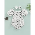 thumbnail image 2 of Arvbitana 0-24 Months Baby Girl Summer Newborn Infant Heart Print Romper Lace Collar Puff Sleeve Ruched Bodysuit Jumpsuit Headband, 2 of 9