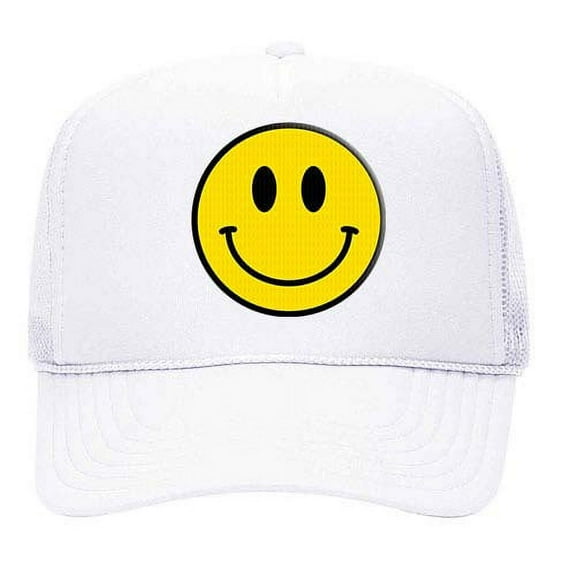 Happy Face Yellow Smile Face Unisex Embroidered Foam Front Mesh Back Trucker Hat, White