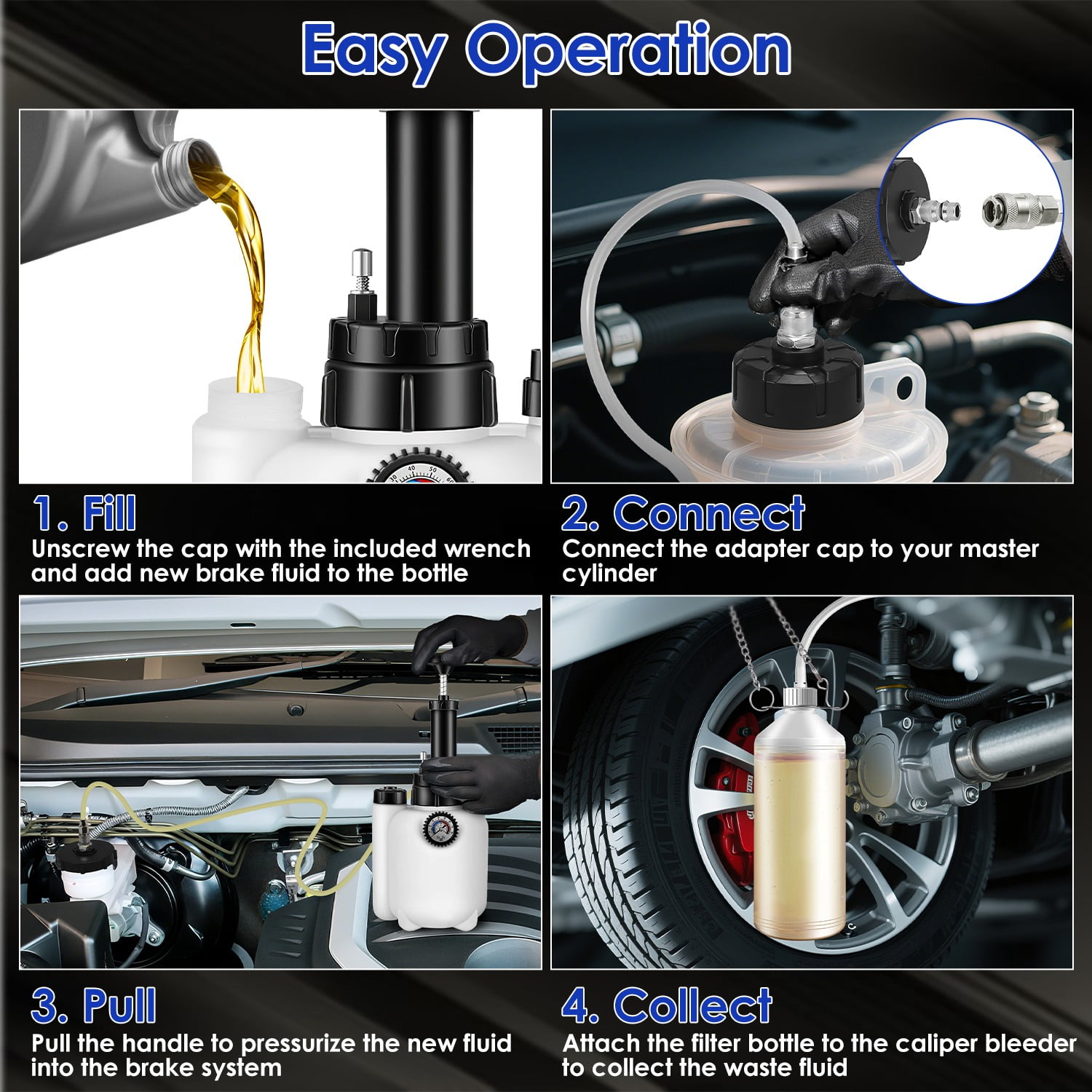 TeqHome 3L Manual Brake Bleeder Kit One Person Brake Bleed Vacuum Pump Kit for Various Vehicles 1L Waste Oil Bottle 4 Master Cylinder Adapters Gloves Funnel