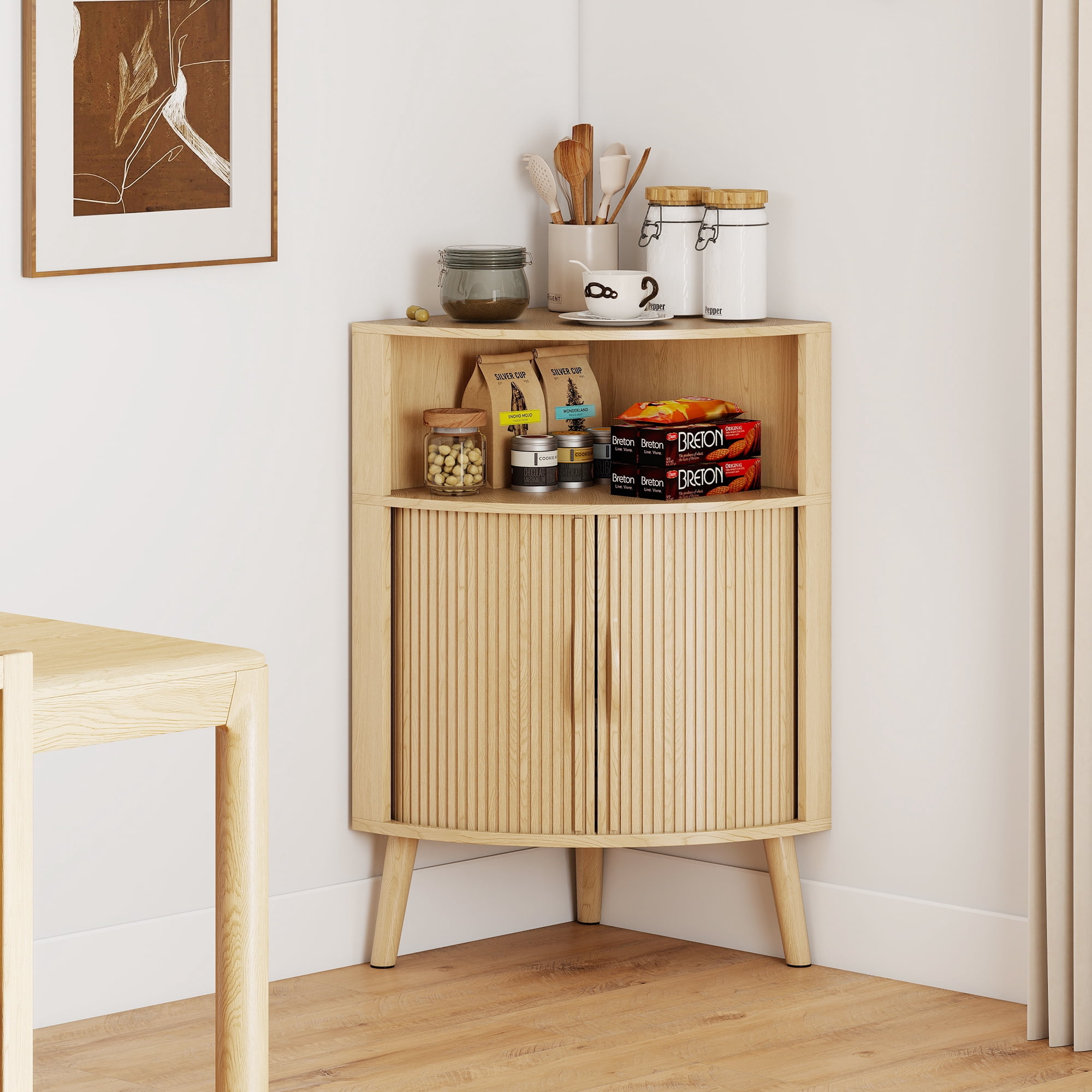 Fluted Bathroom Corner Storage Cabinet, Small Corner Floor Cabinet with Doors and Shelves, Freestanding Narrow Cabinets Organizer for Bathroom, Living Room, Kitchen, Natural