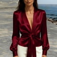 thumbnail image 4 of Lumtrix Silk Satin Blouse for Women Elegant Wrap Shirt Sexy Deep V Neck Puff Long Sleeve Tie Front Belt Work Top Wine XL, 4 of 5