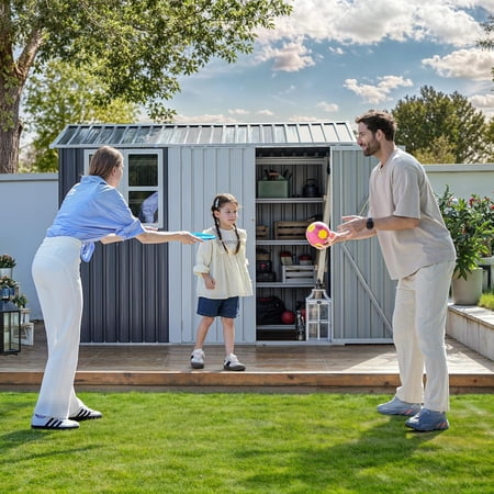 8x6ft Large Tool Storage Shed with Window, Lockable , and Sloped Roof, Oversized Steel Outdoor Storage Shed for Garden, , Garage, Backyard, Lawn - Gray & White