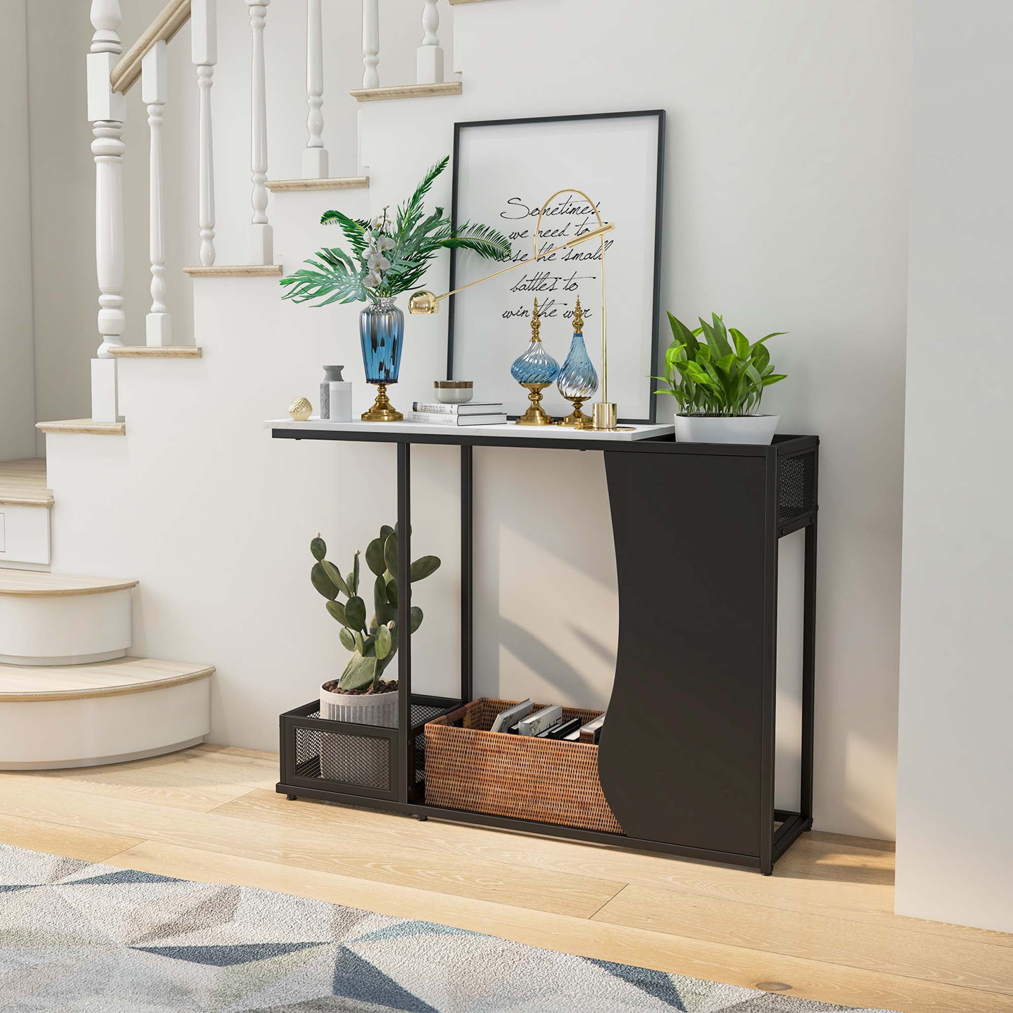 Costway 43.5'' Console Table with Faux Marble Top & 2 Storage Compartments Entryway Hallway