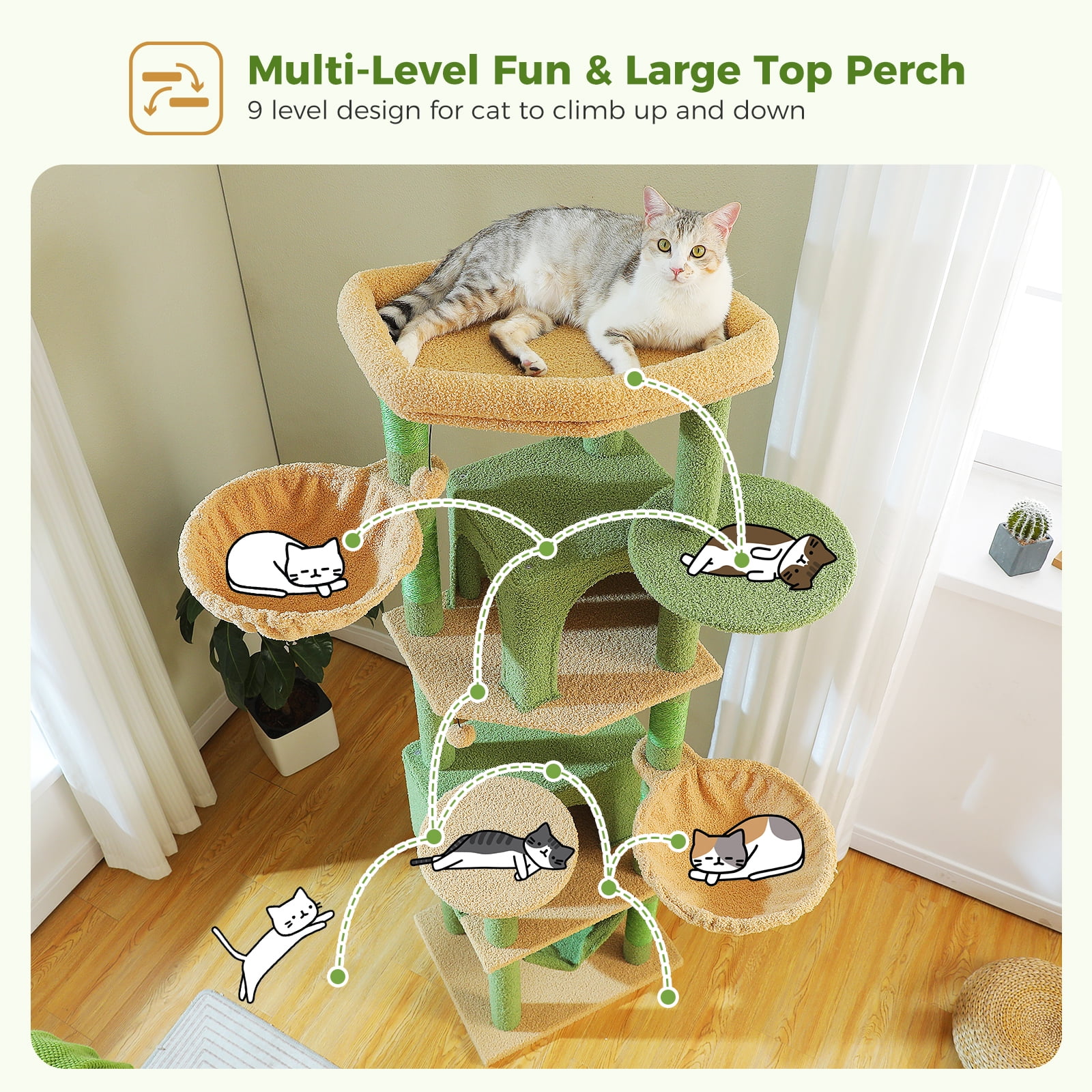 Pefilos 70" Tall Cat Tree Tower with Hammock, 5 Scratching Posts, 2 Condos and a Large Top Perches for Large Cats, Green