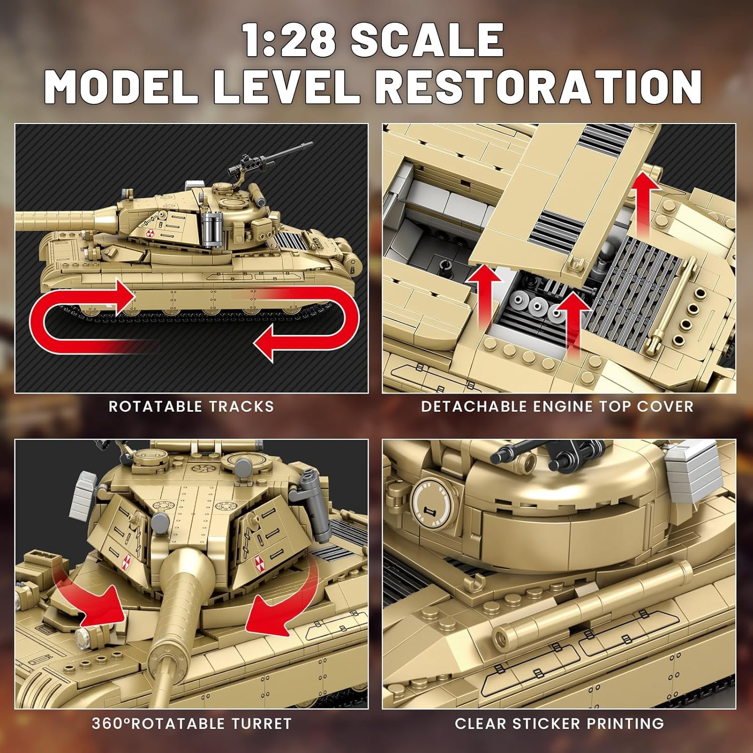 60TP Tank Building Set 77036, World of Tanks Authorized Products 1128 PCS, 1:28 Scale Tank Model Kit, Army Tanks Toy Building Kit for Military Fans, Birthday Gifts Ideal for Adults