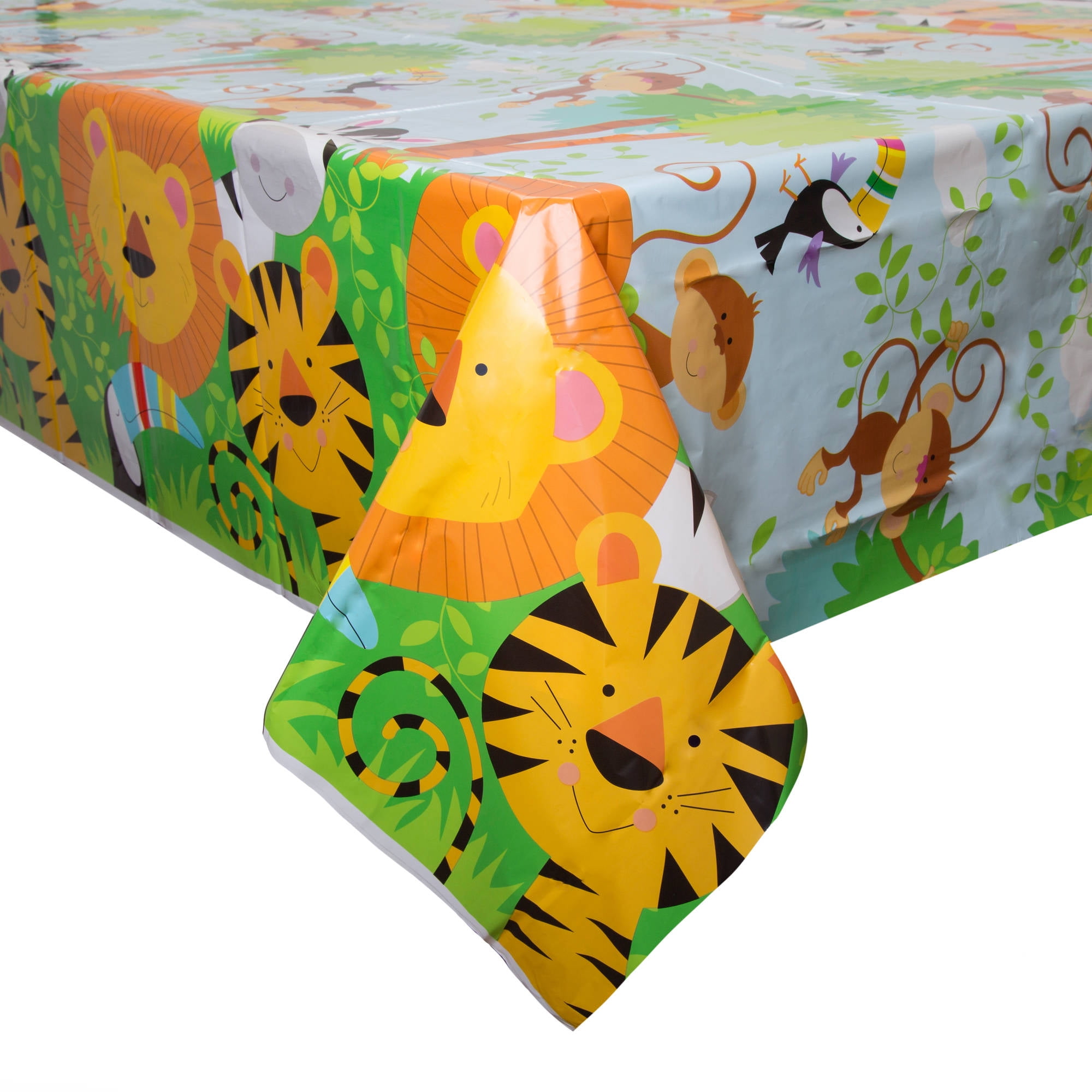WERNNSAI Jungle Safari Animals Party Table Cover 1 Pack 137 x 274 cm Disposable Plastic Tablecloth Zoo Theme Party Supplies for Kid Birthday Baby Shower Party Decorations 