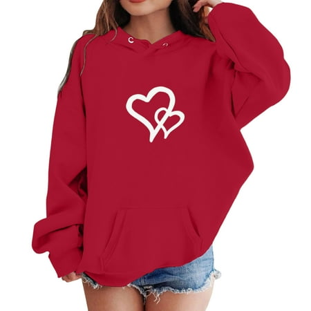 ZHOGXU Big Kids Girls Hoodies With Pocket Long Sleeve Love Heart Print Comfortable Loose Fashion Sweatshirt For Daily Wear And School Activities Red 3-4 Years