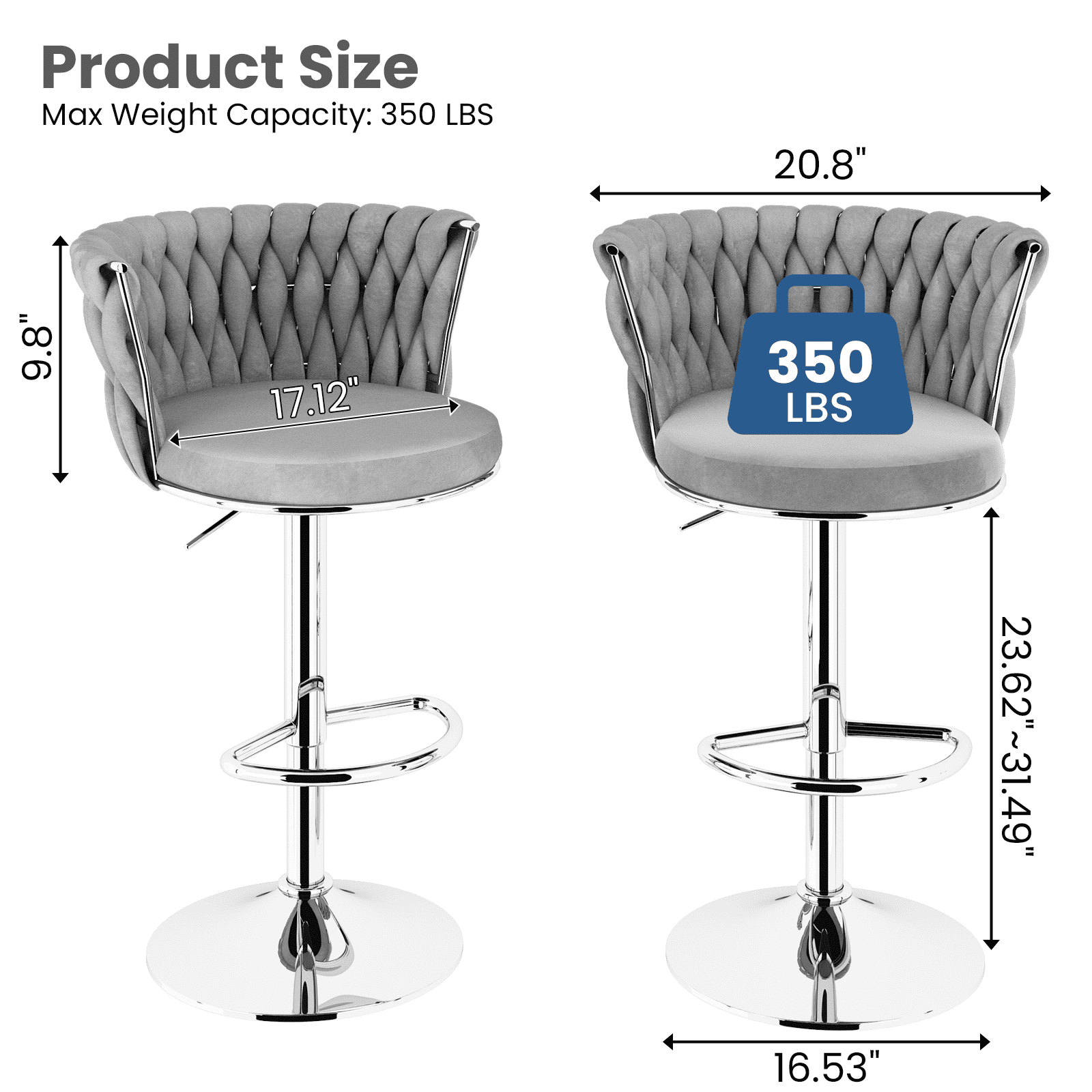 Mieres Velvet Bar Stools Set of 2, Adjustable Height Swivel Pub Chairs with Woven Back, Counter Height Dining Chairs with Footrest, 360° Rotating Kitchen Island Stools for Home & Bar, Gray