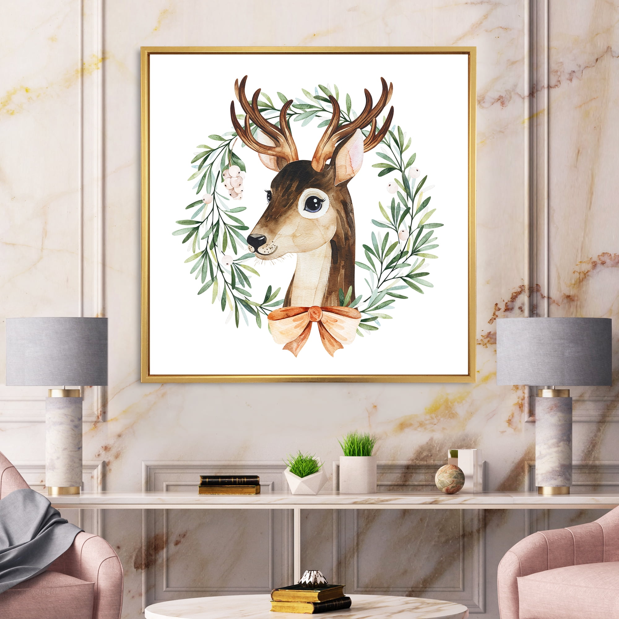 Designart 'Floral Wreath Isolated On White Over Deer' Farmhouse Framed Canvas Wall Art Print