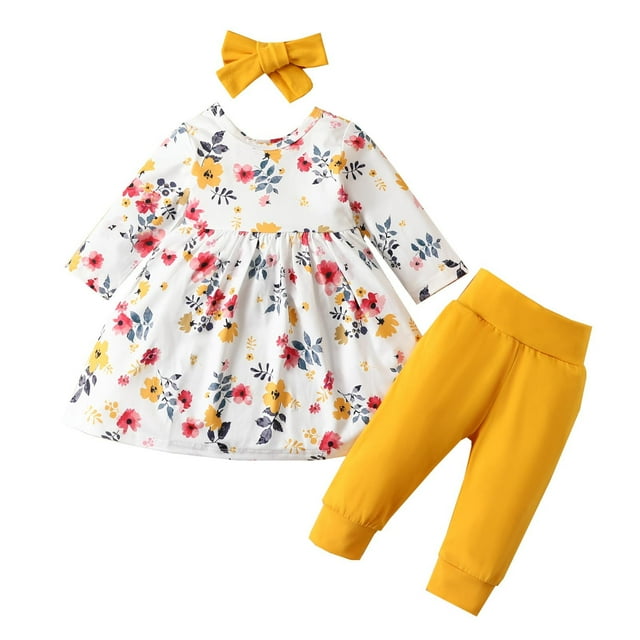 Vestido Para Niñas, Ropa Para Niñas Pequeñas, Ropa Para Niños Pequeños, Camisa Floral De Manga Larga, Pantalones De Color Sólido, Pantalones Con Diadema, Traje Amarillo Odeerbi LM103-4748