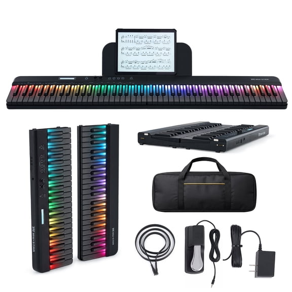 Portable 88 Key Semi-Weighted Digital Piano Keyboard Magnetic‑Split w/Rainbow LED Lighted Keys,128 Tones,160 Rhythms,Bluetooth MIDI Sustain Pedal for Beginner