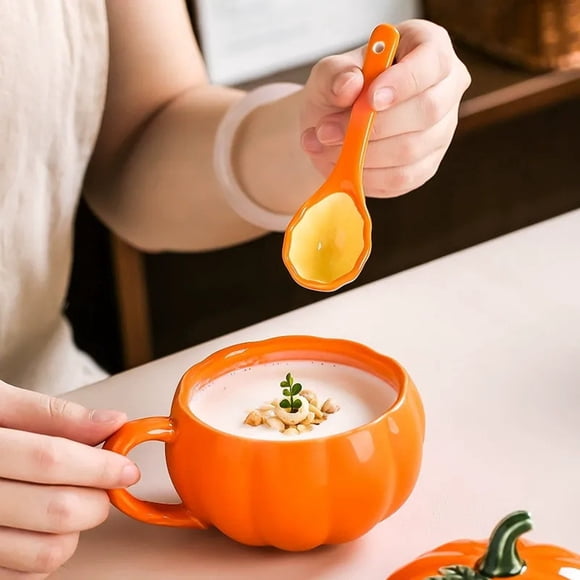 Ceramic Pumpkin Mug with Lid | Halloween Coffee Cup Orange White | Durable Glossy Finish Spill-Resistant Lid | Multi-Purpose Tea Breakfast Yogurt Drinkware Gift
