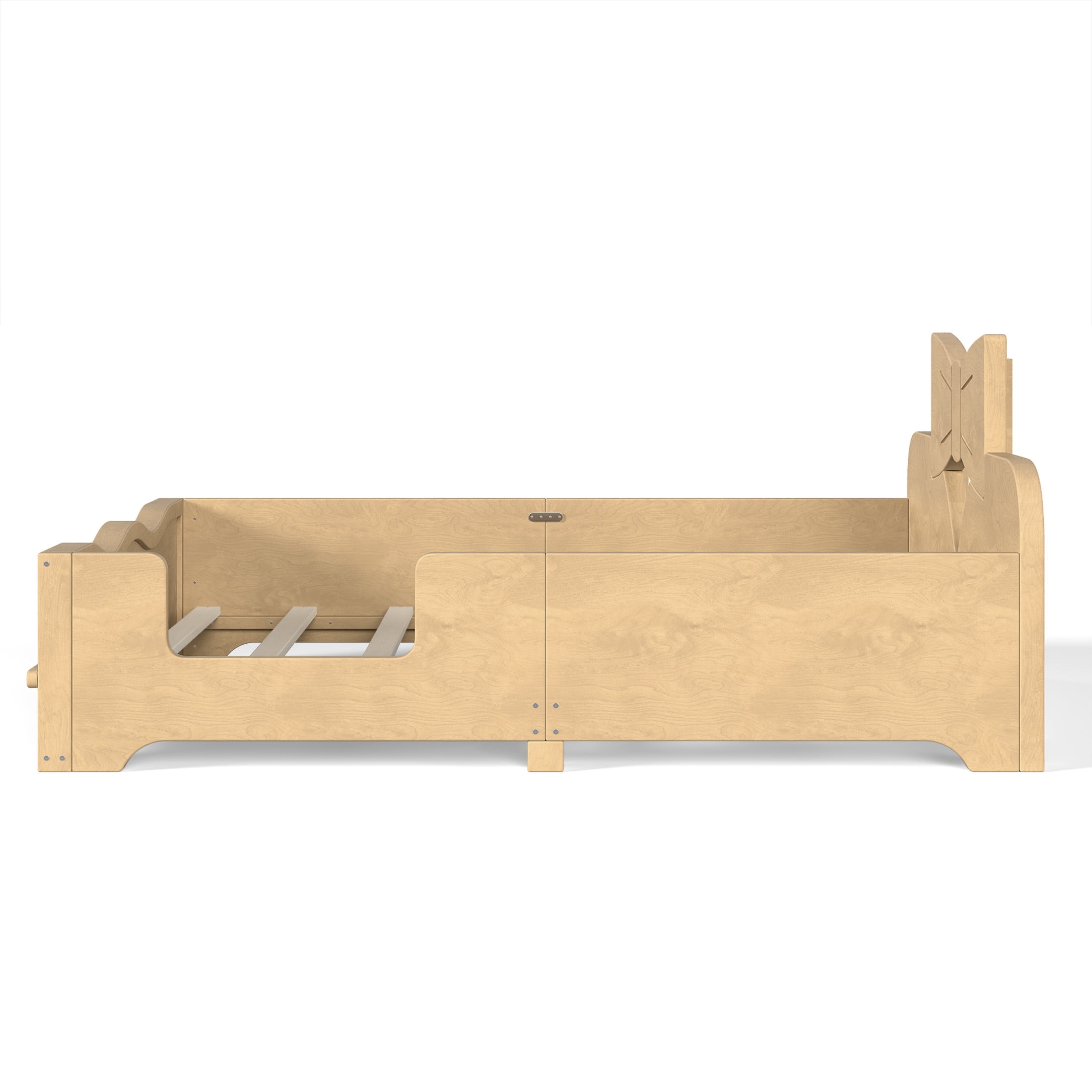 GDF Studio Full Size Kids Platform Bed with Bowknot Headboard, Guardrails & Bookshelf, Natural
