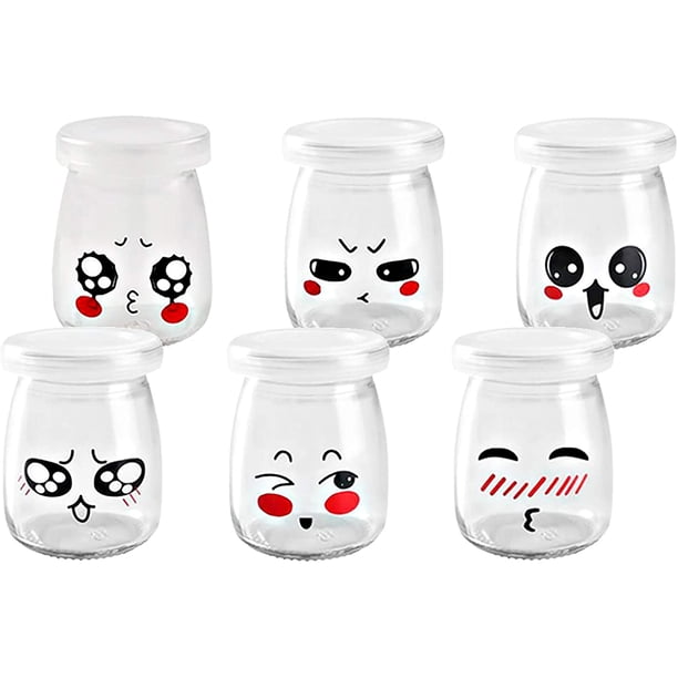 Frascos de yogur Frascos de 6 piezas con tapa Tarro de albañil para pudín Leche Yogur Hacer Mini taza de postre con tapa de plástico Botella de vidrio de pudín con lindo diseño de emoji Ormromra LKX-1538