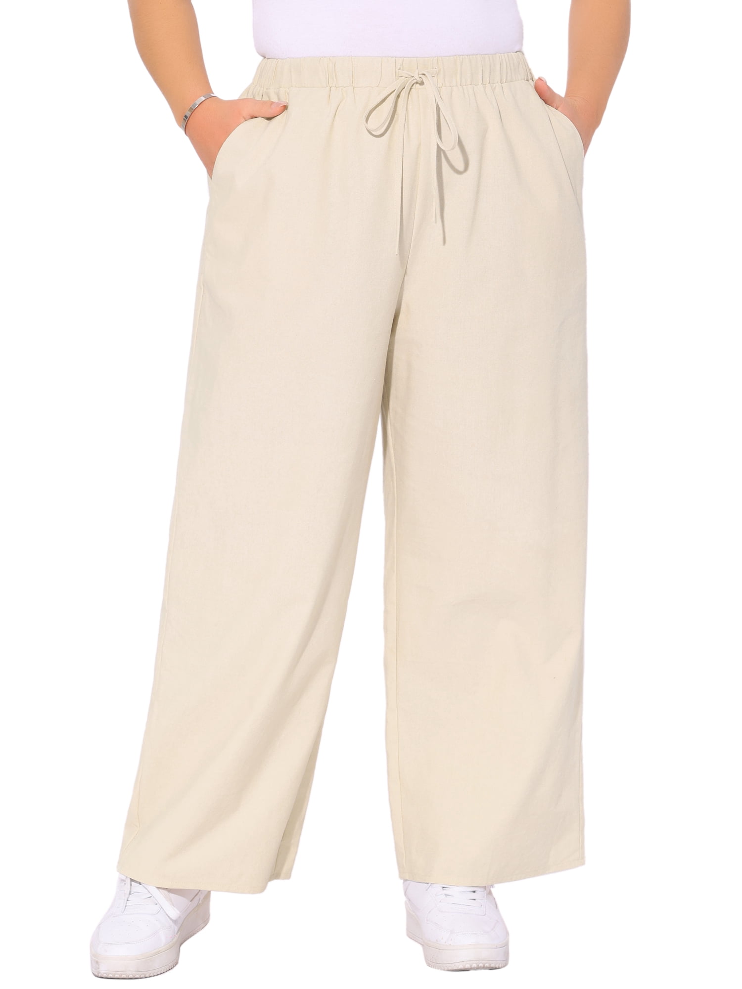 DARING DIVA Women's Plus Cotton Linen Summer Palazzo Pants with Pockets 2X Apricot