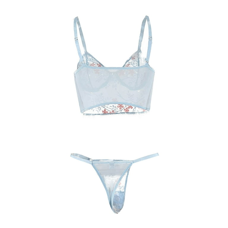 YDKZYMD Wedding Lingerie Set Mesh Embroidered Floral Plus Size Sexy Bra and Panty  Sets for Women Light blue S 