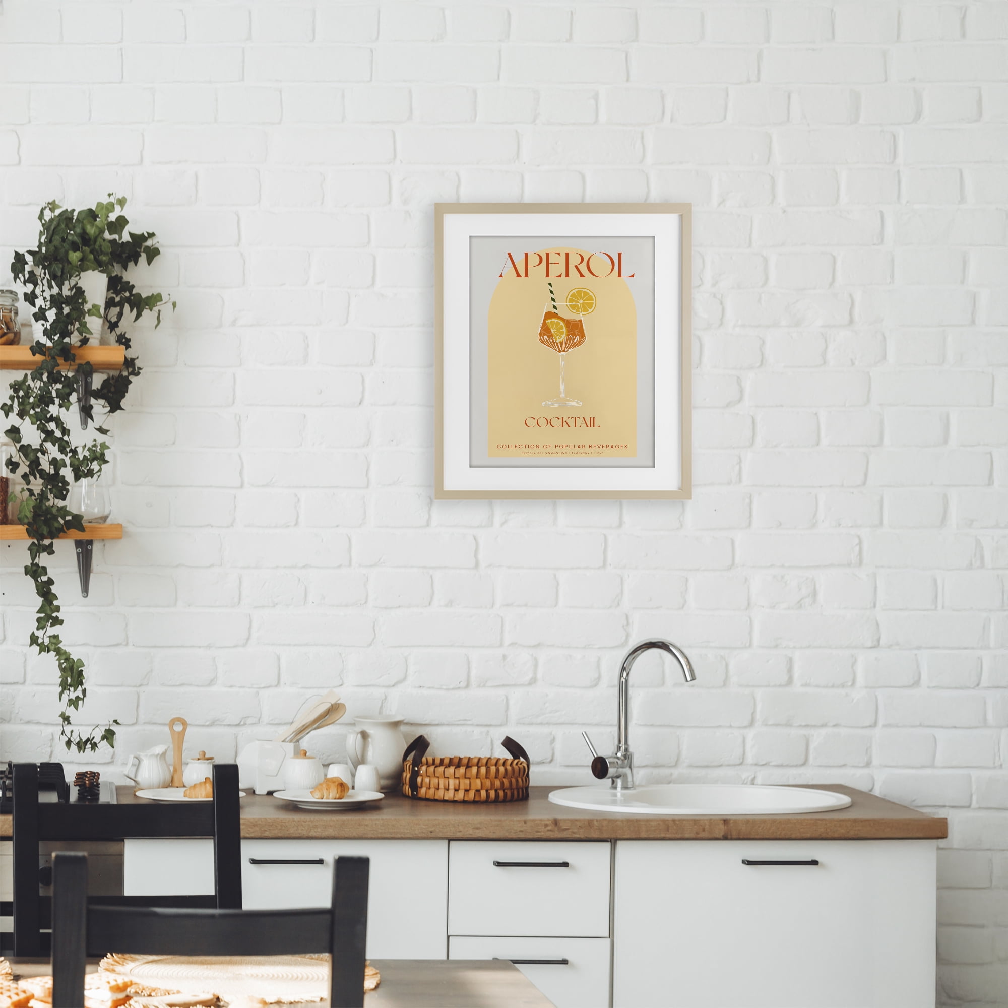Stylish Retro Aperol Cocktail Birch Framed Print Under Glass, design by Lil' Rue