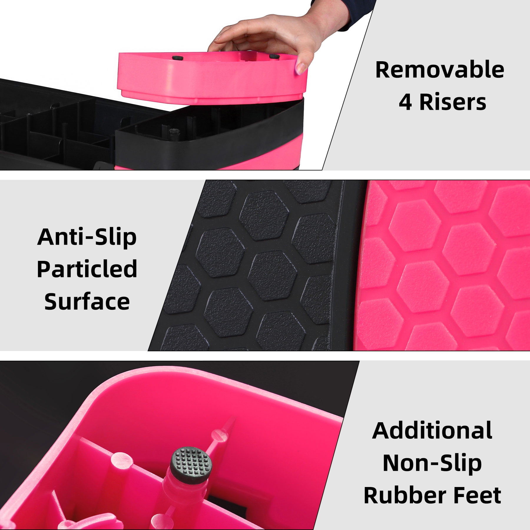 ZenSports 30'' Adjustable Workout Aerobic Step Platform W/4 Risers 4’’ 6’’ 8’’, Non-Slip Surface, Pink