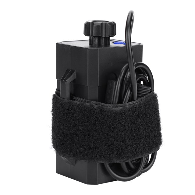 casa de paquete de batería de bicicleta, cubierta de paquete de batería, lámpara de interfaz doble usb/dc a prueba de agua para lámpara de bicicleta — Caja de plástico negra en vista frontal 3/4 para 4x18650 con perilla superior, puerto USB y cable enrollado sujetado con banda de velcro; especificaciones indican función de visualización de energía y salida USB 5V/2A, adecuada para alimentar luces de bicicleta y también para cargar teléfonos.
