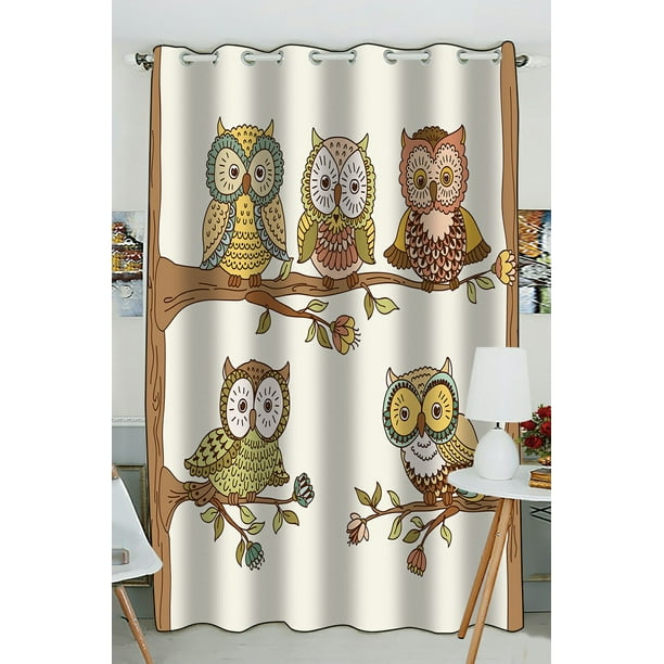 Phfzk Owls Window Curtain, Cute Owls On Branches Floral Background