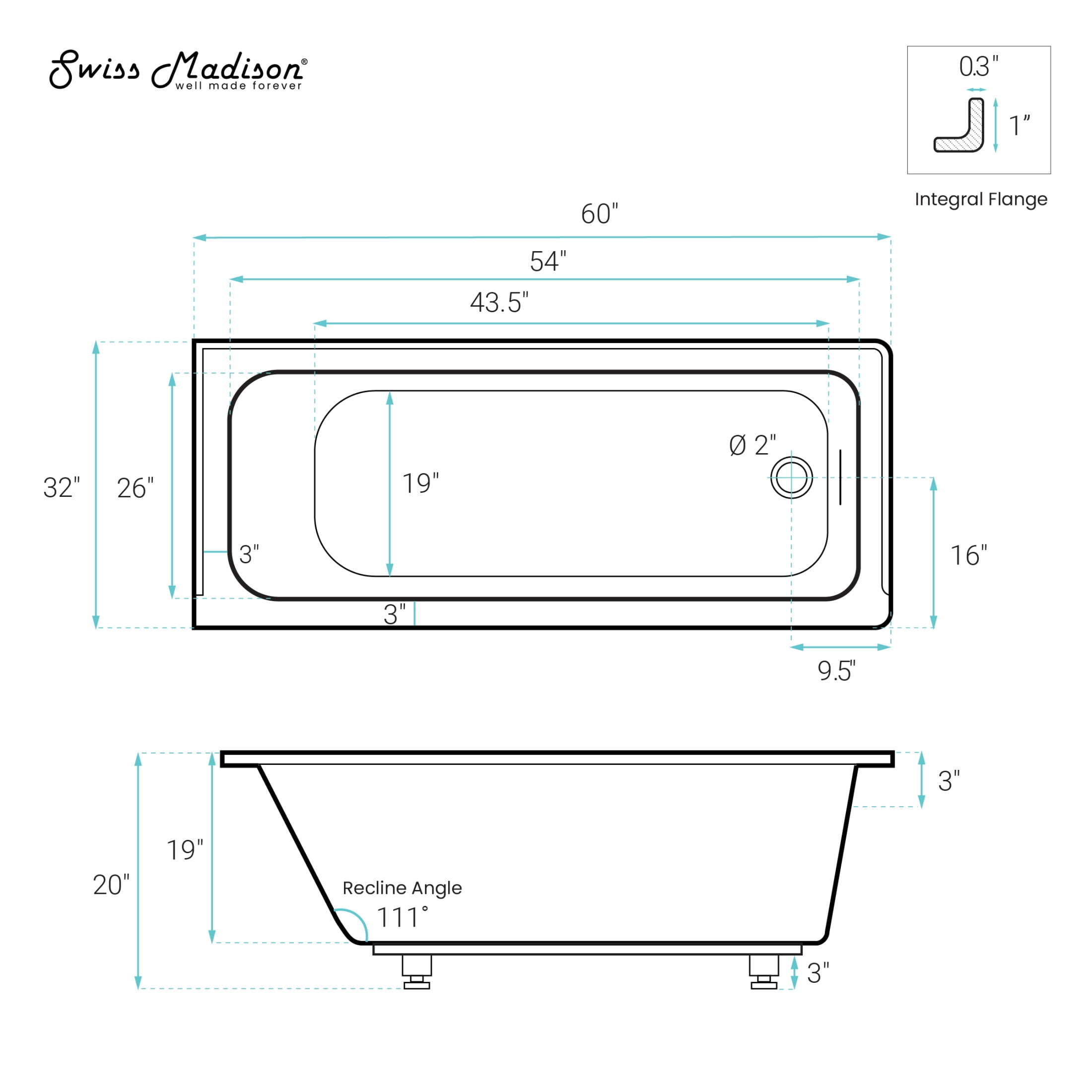 Voltaire 60 x 32 Right Drain Soaking Alcove Bathtub in Glossy White with Integrated Overflow, Drain Included