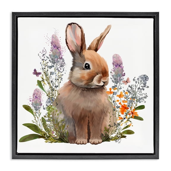 Stupell Industries Shabby Chic Brown Bunny with Florals Black Floating Frame Canvas Art, 18 x 18, by Fab Funky