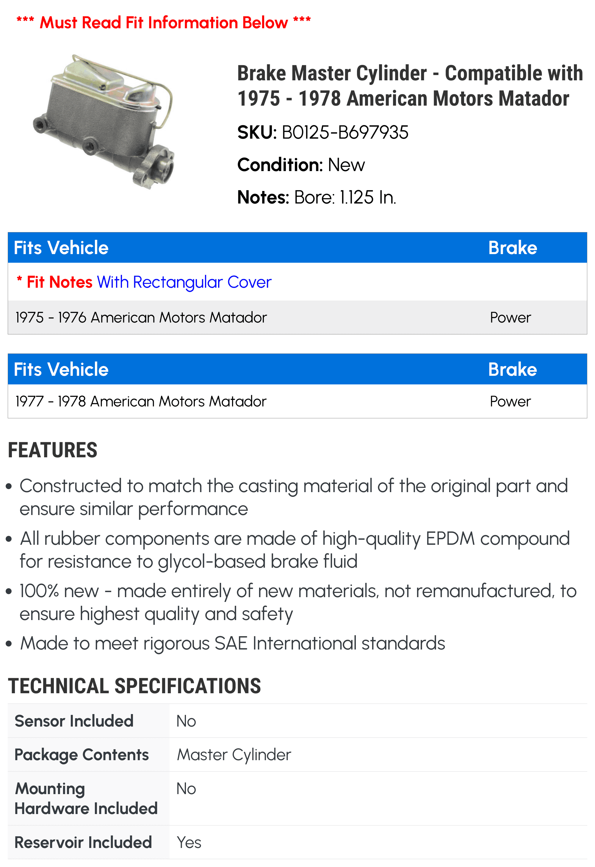 Brake Master Cylinder - Compatible with 1975 - 1978 American Motors Matador 1976 1977