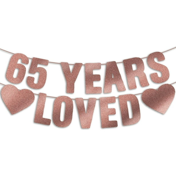 Pre-Strung 65th Birthday Banner - Rose Gold Glitter, Happy 65th Birthday Party Decorations for Women, Funny 65 Year Old Anniversary Decor Bday Sign Gifts