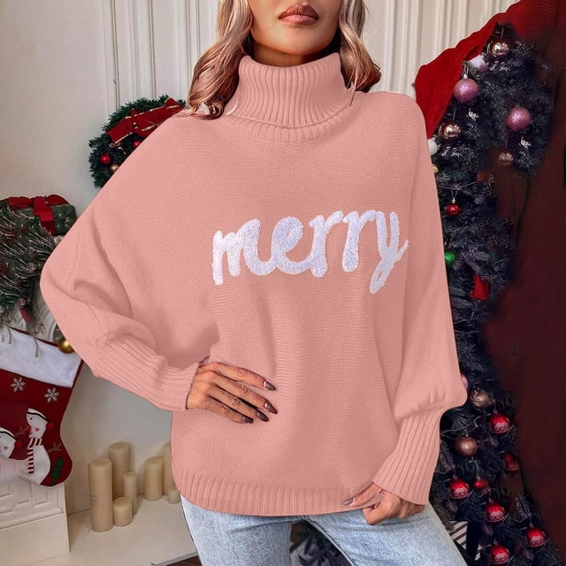 DPTALR Chandail de Noël Automne et Hiver Col Montant Manches Amples Tricoté pour Femme