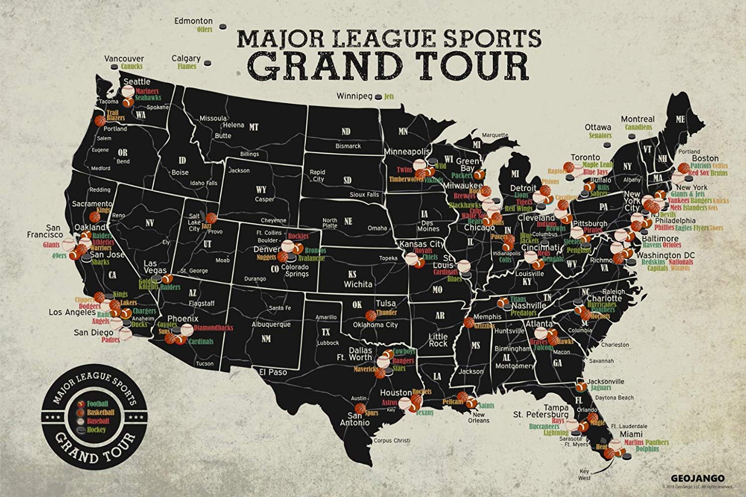 Grand Tour 4 Sports - MLB, NFL, NHL, NBA - Poster 36x24 inches 