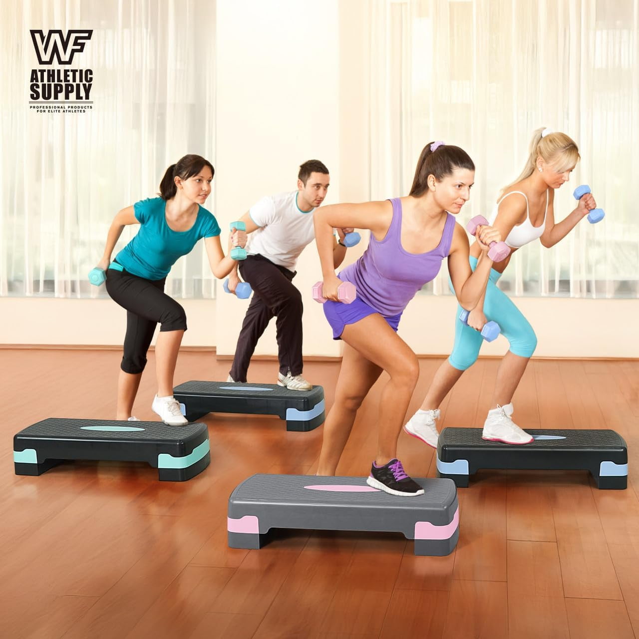 WF Athletic Supply Aerobic Stepper Set with Dumbbells & Measuring Tape, Adjustable Height 2 Level Risers Workout Exercise Step Platform Trainer for Home Gym Exercise Fitness Workout, Pink
