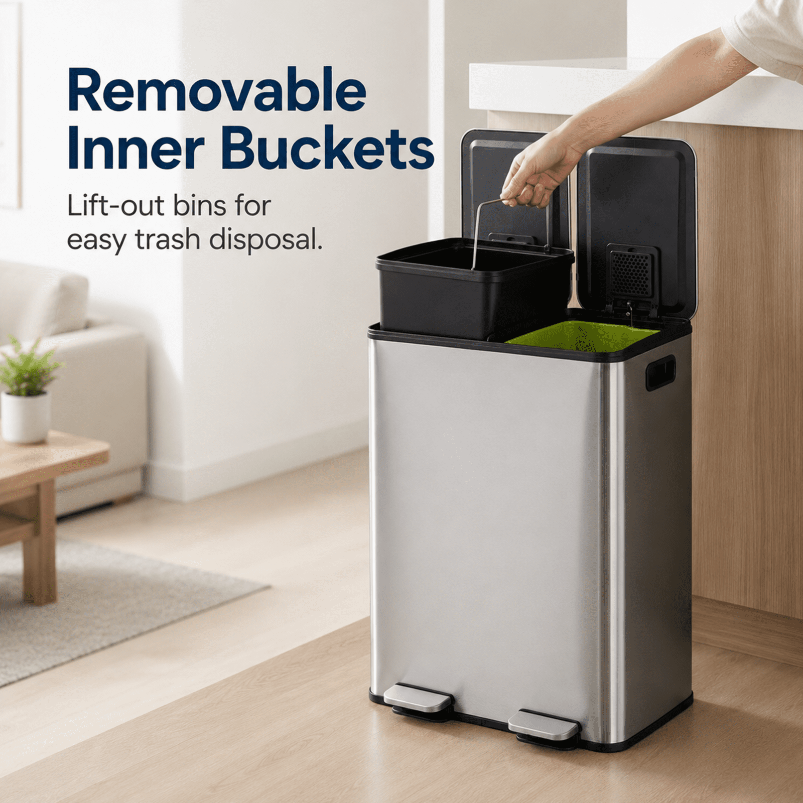 Alvantor Dual Bin Trash Can, 2 x 8 Gallon (2 x 30 L) Garbage Can for Kitchen, Soft-Close Lid and Removable Inner Buckets, Odor Control, Fingerprint-Resistant, Stainless Steel