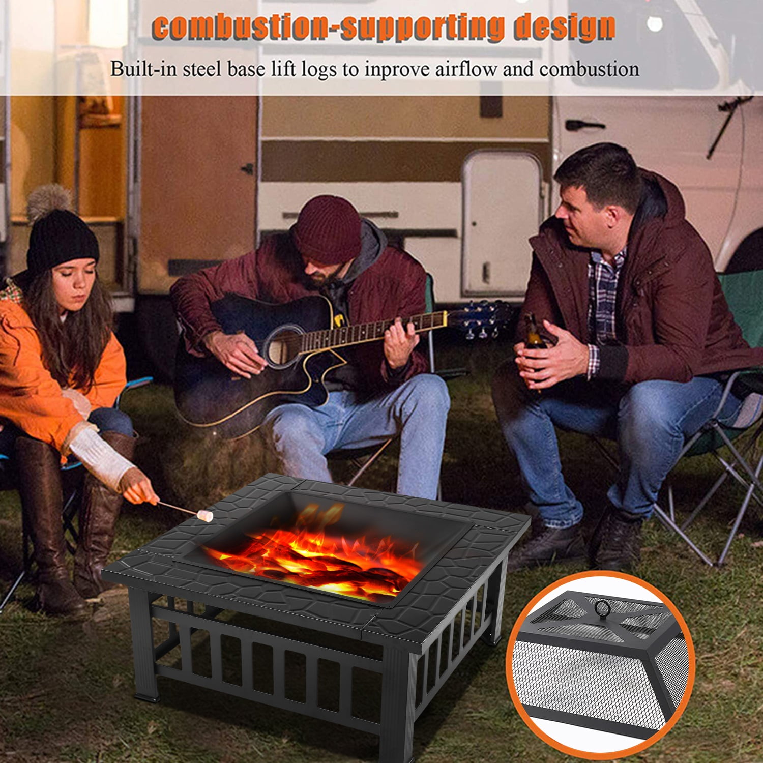 32" Deck Fire Pit for Outside, Premium Square Steel Fire Pit w/Mesh Screen Lid, Metal Fire Pit w/Poker, Multifunctional Heater/Grill/Ice Pit for Backyard Patio Garden BBQ Grill, S7044