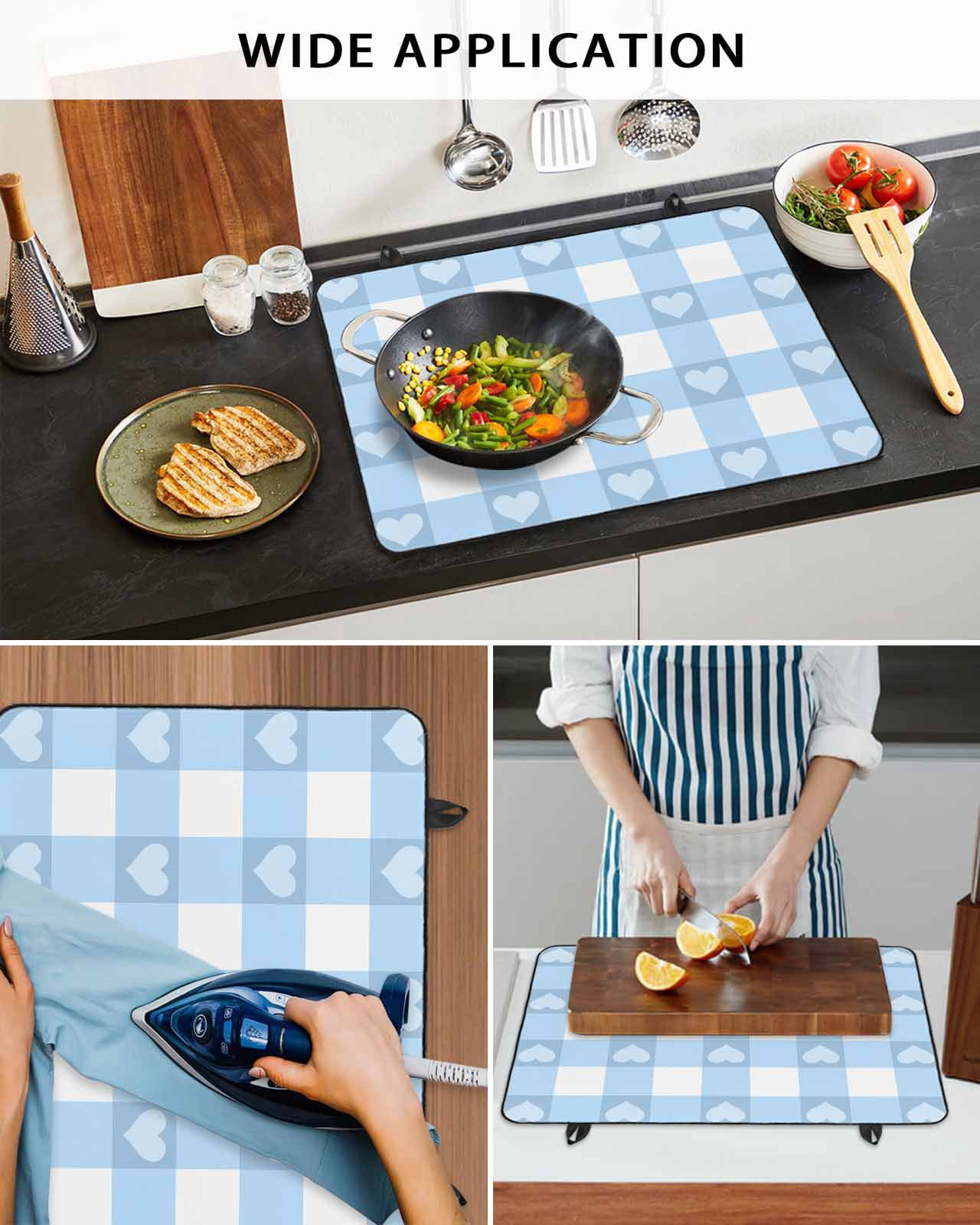 nqOlkjepod Large Induction Cooktop Protector Mat 24"x21", Buffalo Blue Striped Stove Top Covers for Electric Stove, Love Heart Checkered Decorative Stove Burner Cover Mats, Glass Top Stove Cover