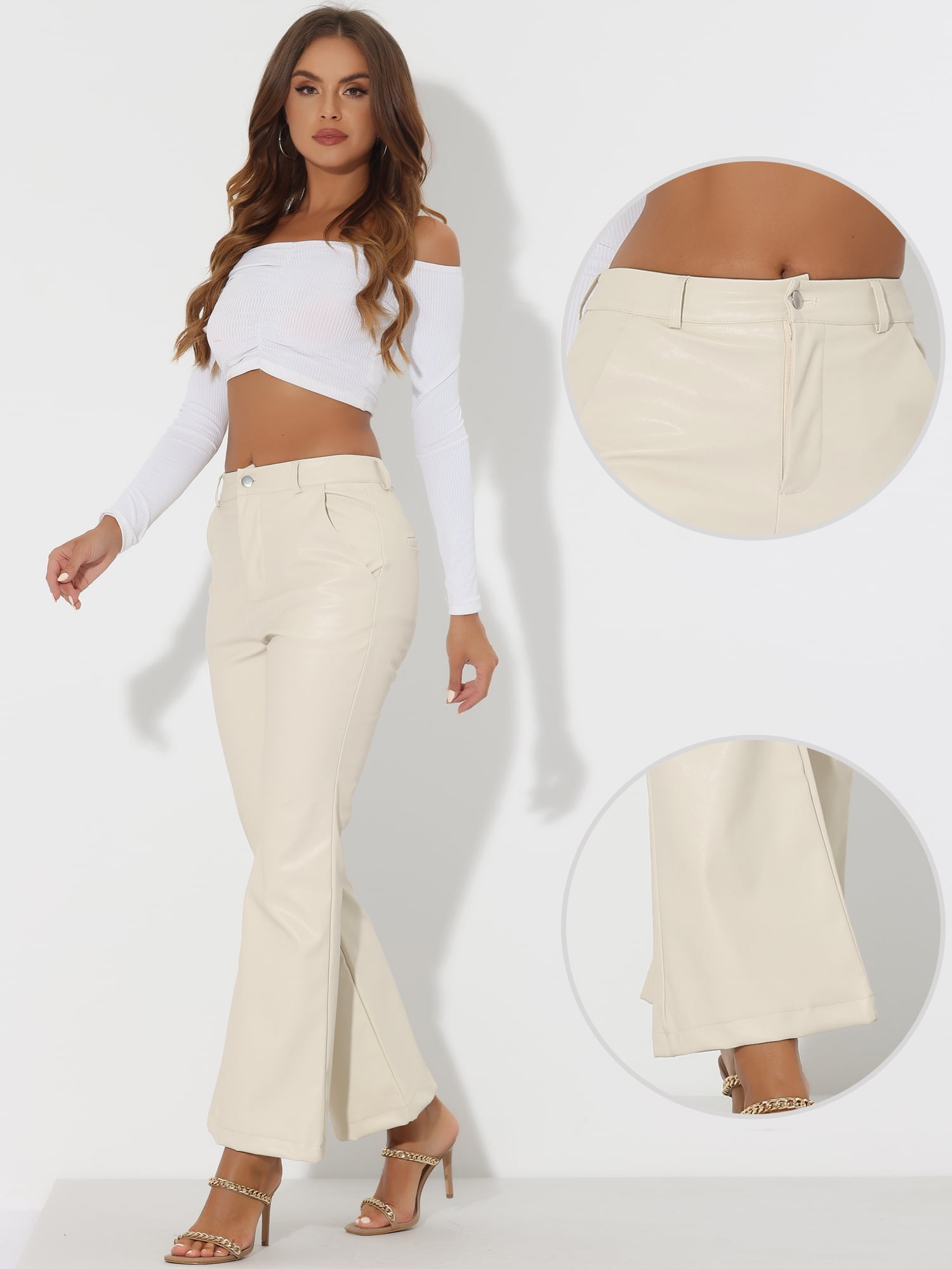 DARING DIVA Women's Faux Leather Flared High Waist Bell Bottom PU Trousers XS White