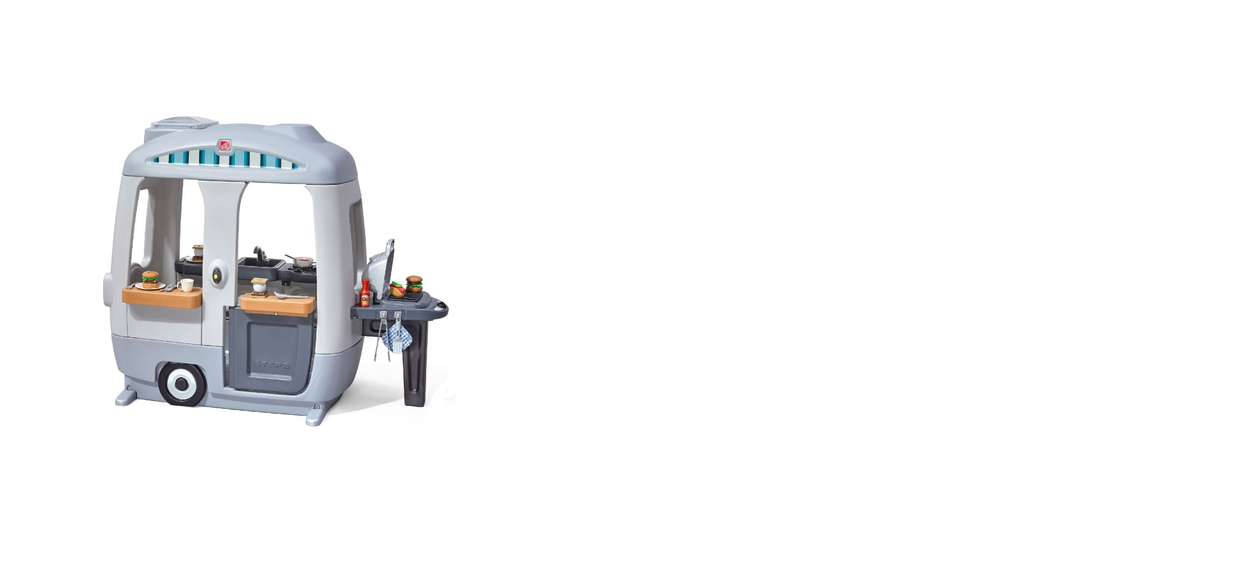 Step2 Adventure Camper Kids Playhouse, Indoor/Outdoor Playset with Kitchenette, Interactive Doorbell Sounds, 52-Piece Toy Accessories, Durable Plastic, For Toddlers 2+ Years