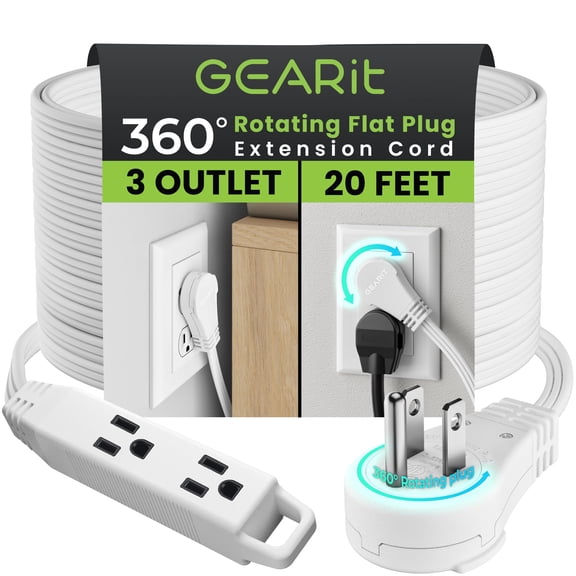 GEARit 360 Rotating Flat Plug Extension Cord (20ft, White) Multi 3-Outlet Extension 16 AWG Wire, Adapter for Small Spaces, Right Angle Socket, ETL Certified - 20 Feet