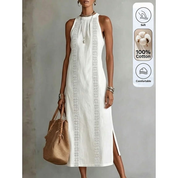 Womens White Sleeveless Maxi Dress Casual Vacation Long Boho Gown