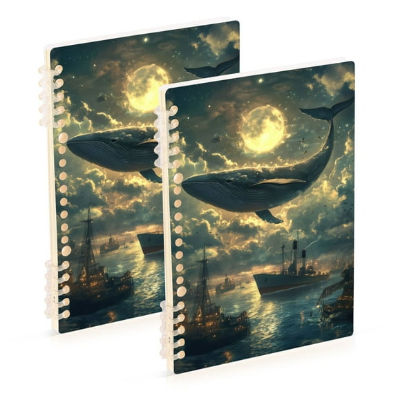 FORMRS 1-Subject Spiral Notebook 8" x 5" College Ruled 60 Refillable Sheet, 2 Pack, Whale and Moon
