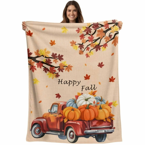 Red Fall Farmhouse Truck Throw Blankets, Thanksgiving Pumpkin Maple Leaf Soft Fleece Blanket Decorative for Home Sofa Couch Chair Living Bedroom, 50x60 inches,
