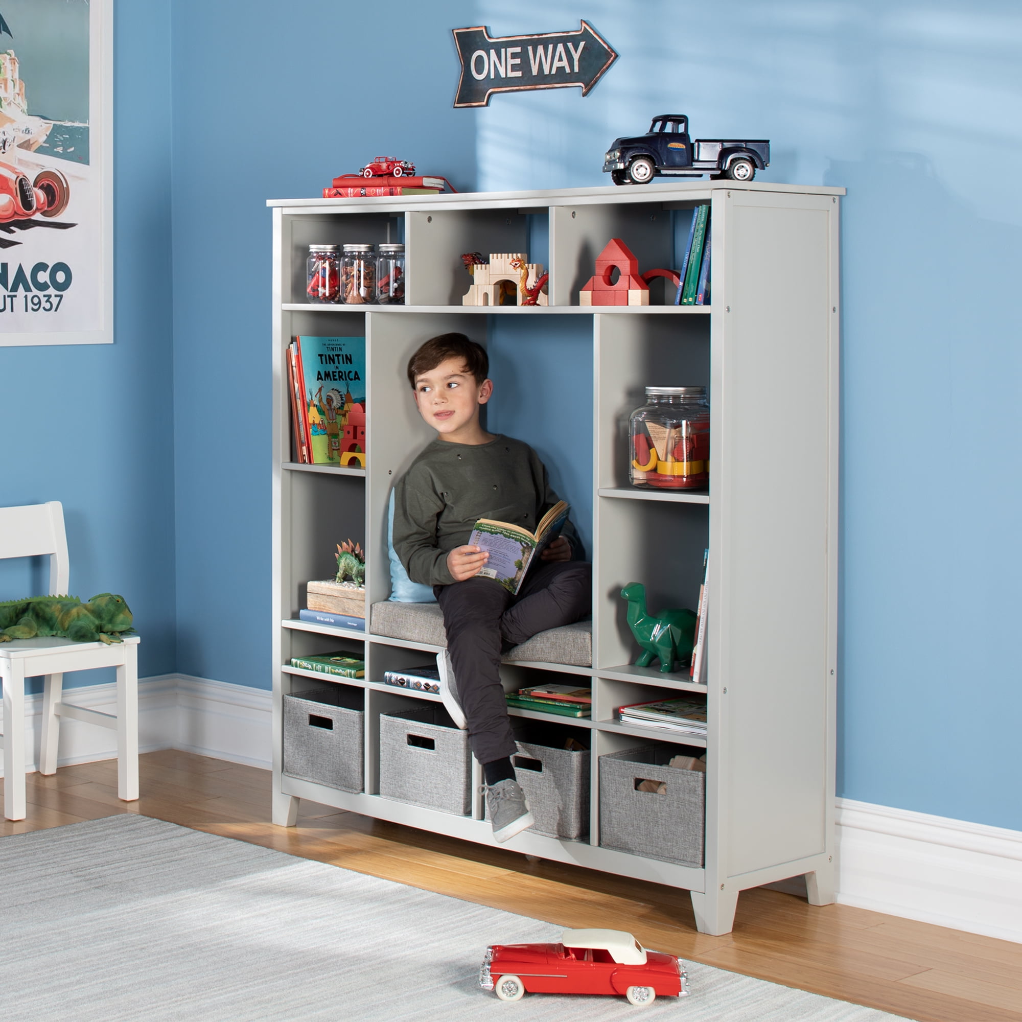 Martha Stewart Living and Learning Kids' Storage System (Gray) – Wooden Cubby with Removable Seat Cushion and Storage Bins; Reading Nook Bookcase and ...