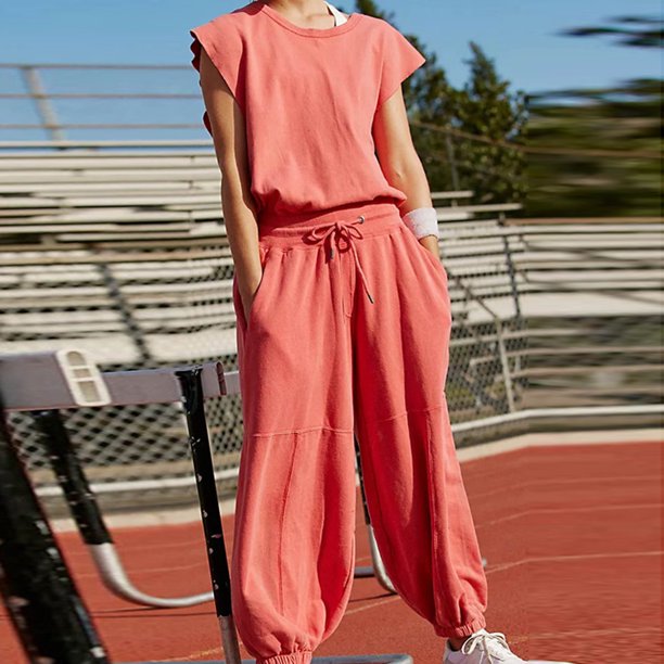 Monos Casuales Monos básicos para mujer con bolsillos Cuello redondo Color sólido Pierna ancha Traje deportivo Cgtredaw Rosa L Personalizado para Mujer