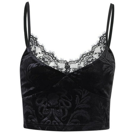 

ZPAQI Women Dark Goth Punk Black Velvet Camisole Harajuku Octopus Leaves Pattern Spaghetti Strap Crop Top Sexy V-Neck Eyelash Lace Trim Sling Vest Streetwear