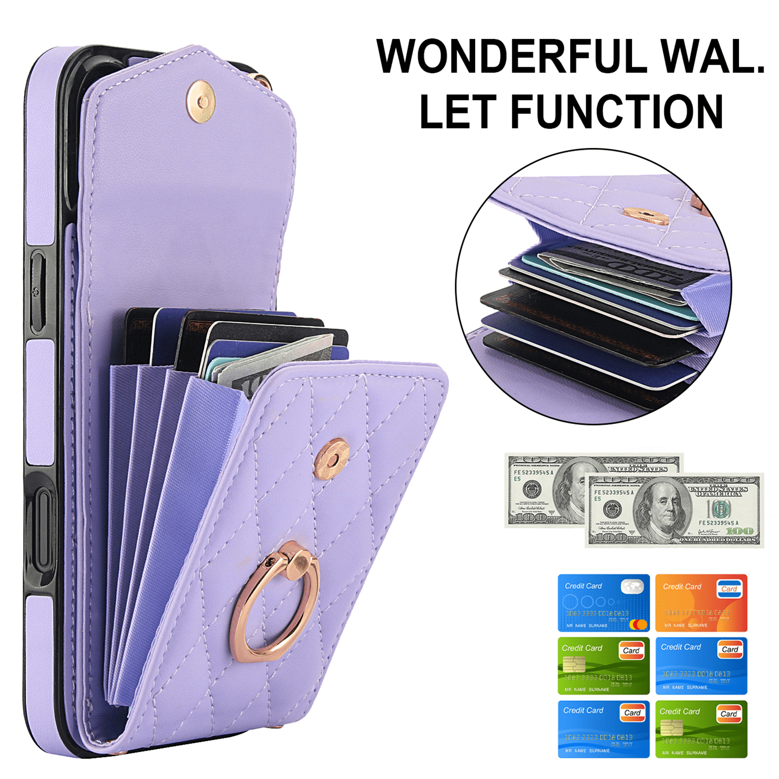 Asuwish Wallet RFID Blocking PU Leather Cell Phone Case with Tempered Glass Screen Protector, Wrist Strap for iPhone 16 Plus, Purple
