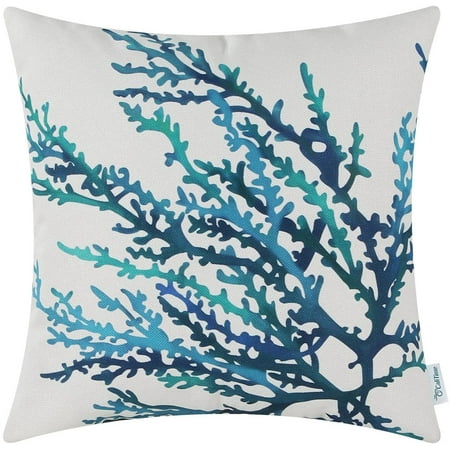 

Canvas Throw Pillow Cover Shell for Couch Sofa Home Decoration Aquarelle Painting Print 16x16 Inches Sea Coral Tree Blue Teal