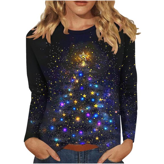 Ruimatai Women's Christmas Printed Long Sleeve T-Shirt, Soft Polyester Casual Blouse, Loose Fit Round Neck Tops for Holiday Party