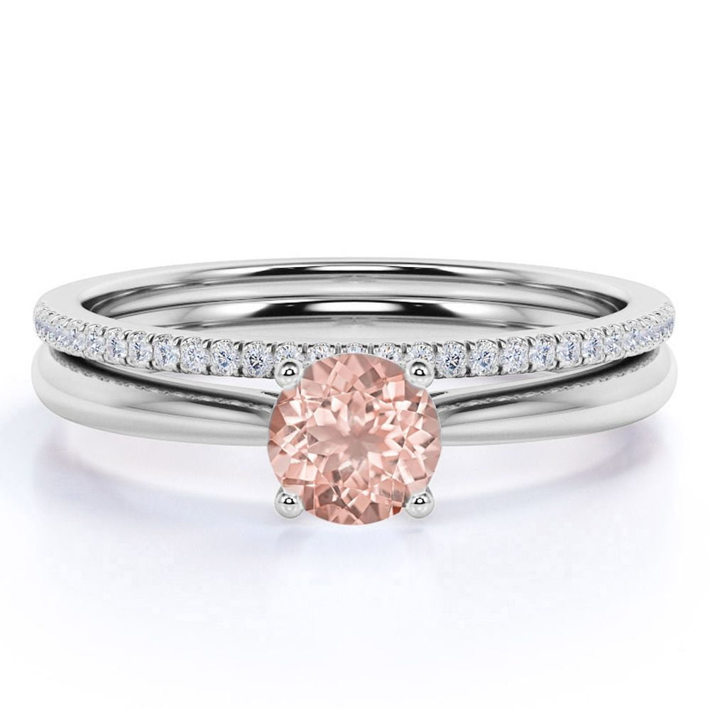 JeenMata 1.75 Carat Round cut created morganite and Moissanite Bridal Wedding Ring Set with Engagement Ring and Wedding Band in 18k Gold Over Silver