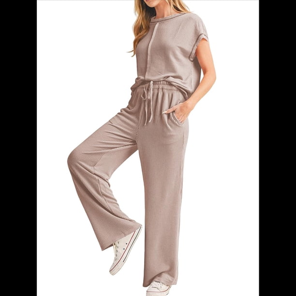 Conjunto Informal de Dos Piezas de Punto Acanalado para Mujer, Camiseta de Corta y Pantalón , Ideal para el Hogar y para Viajes Caqui M